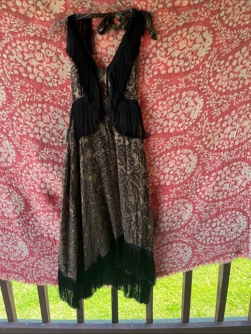 Anthropologie brown dress velvet Paisley Asymmetrical Fringe Dress